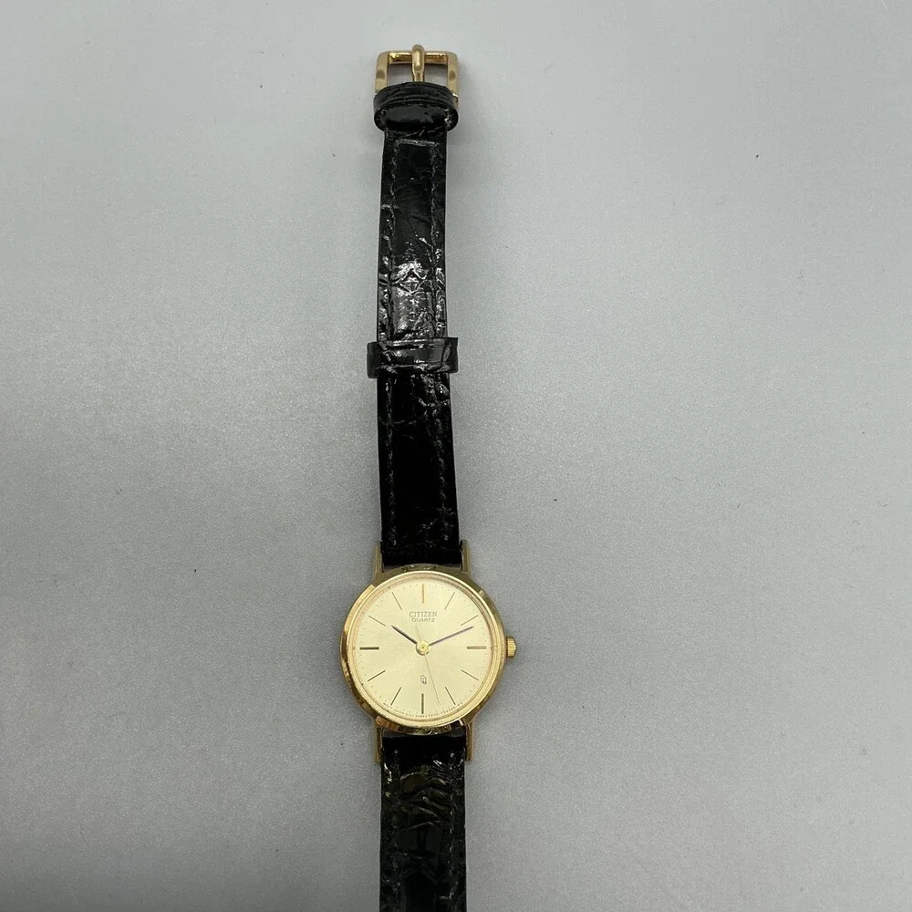 Vintage Citizen Womens Watch 21mm Champagne Gold Tone Black Leather New Battery